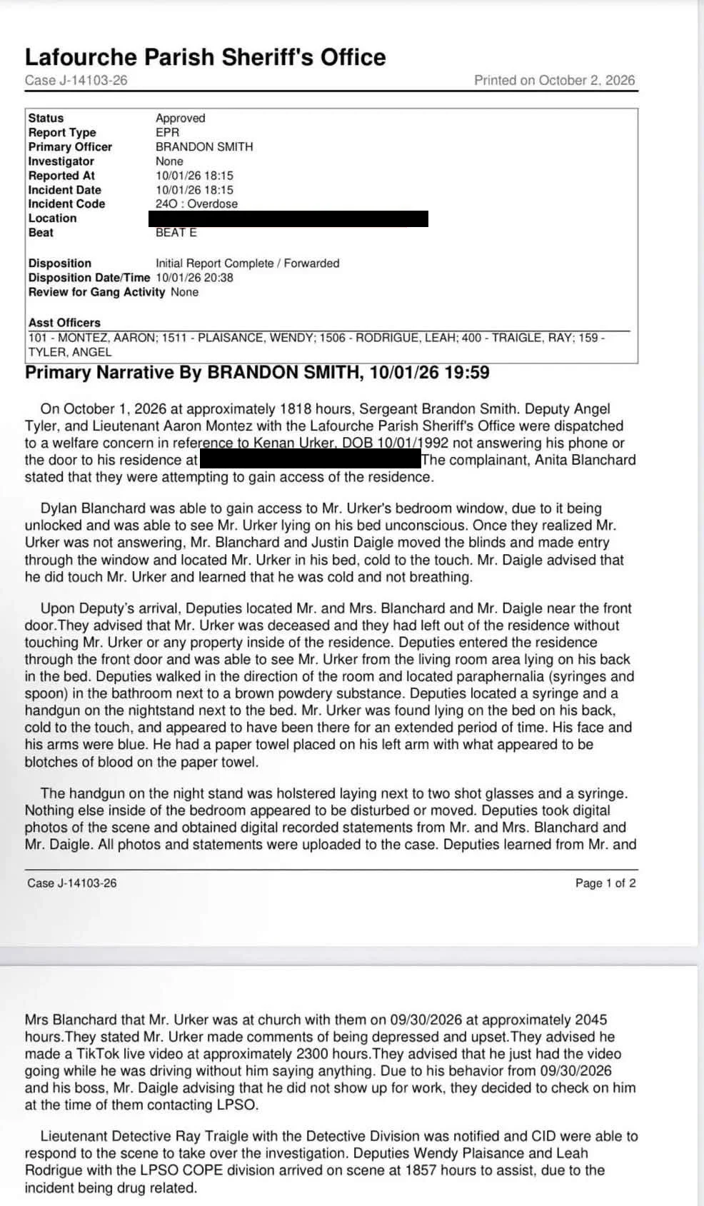 Two pages of a Lafourche Parish Sheriff's Office report, case J-14103-26, printed October 2, 2026. It lists the incident code as 24O, Overdose, with Sergeant Brandon Smith as the primary officer, and includes a narrative of the October 1 welfare check at Kenan Urker's home in Raceland, Louisiana. The home address is blacked out.