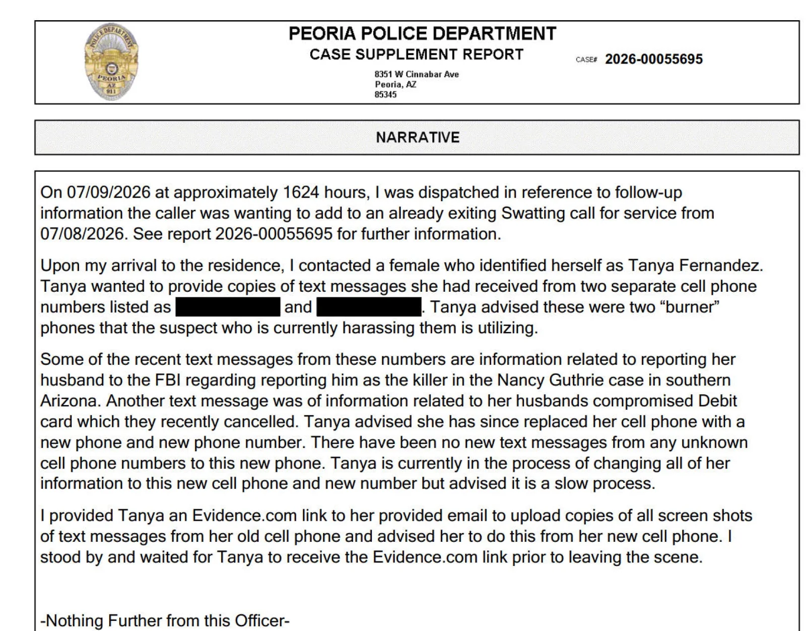The full July 9, 2026, Peoria Police Department case supplement report page for case 2026-00055695, with two phone numbers redacted.
