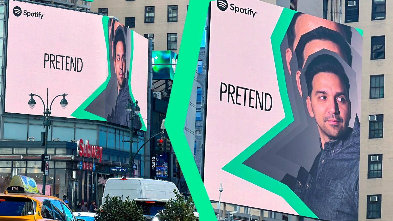 PRETEND featured on a Spotify billboard in Times Square, New York City